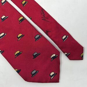 VINTAGE CLAUDE MONTANA SILK TIE RED MAFIA BOWLER HAT PRINT ITALY 3.5" X 54"